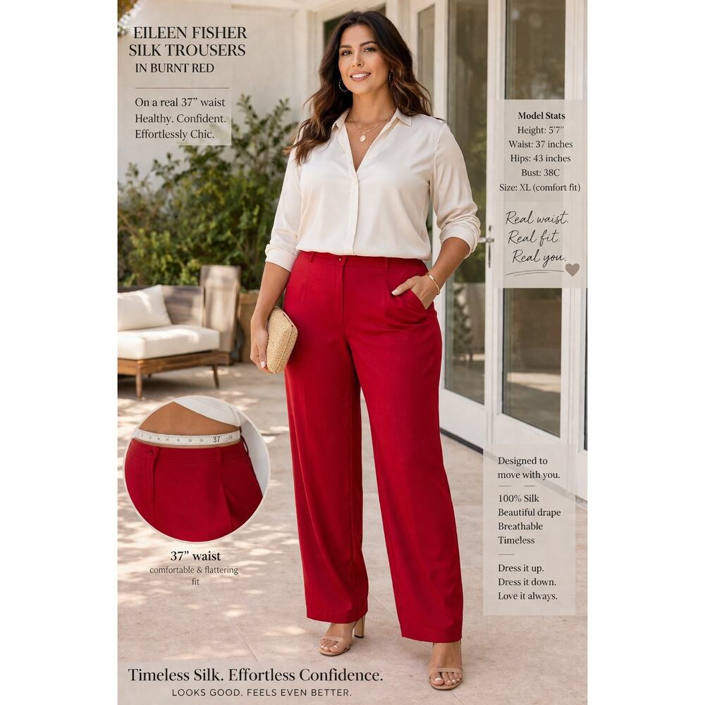 Eileen Fisher Womens 100%Silk Wide Leg Pants Trousers High Waist Burnt Red  XL